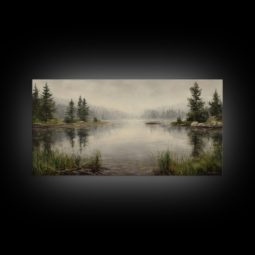 Misty Mountain Lake Framed Canvas Print, Nature Art, Wood Wall Art, Living Room Decor, Fine Art, Nature, Digital Download Art, NAT-2x1-97