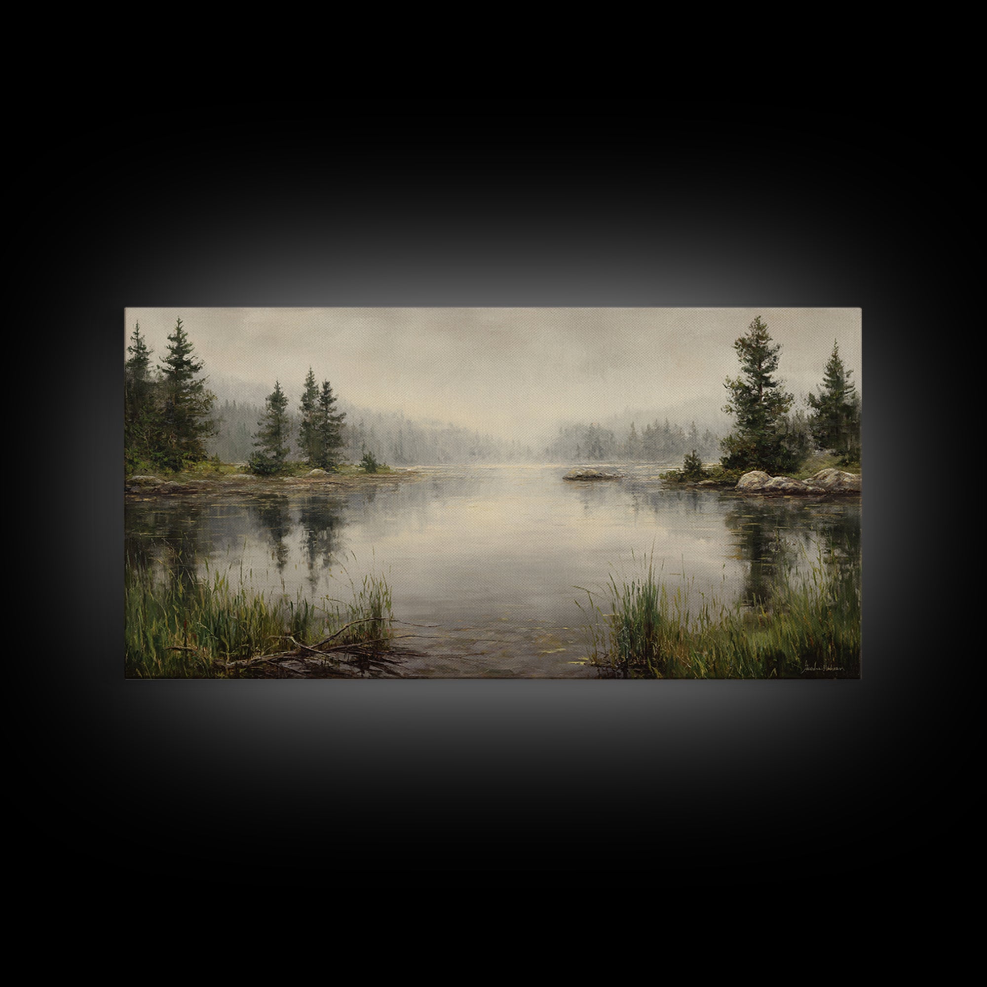Misty Mountain Lake Framed Canvas Print, Nature Art, Wood Wall Art, Living Room Decor, Fine Art, Nature, Digital Download Art, NAT-2x1-97