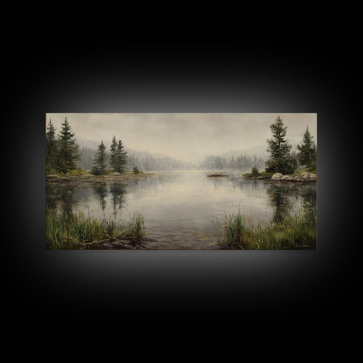 Misty Mountain Lake Framed Canvas Print, Nature Art, Wood Wall Art, Living Room Decor, Fine Art, Nature, Digital Download Art, NAT-2x1-97