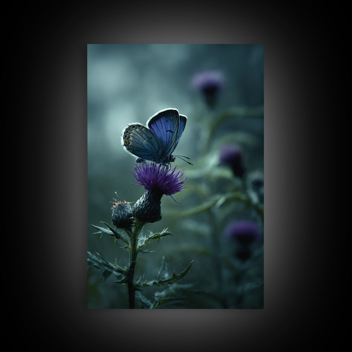 Butterfly Resting on a Blooming Thistle Framed Canvas Print, Nature Art, Minimalist Decor, Living Room Decor, Oil Painting, NAT-2x3-12