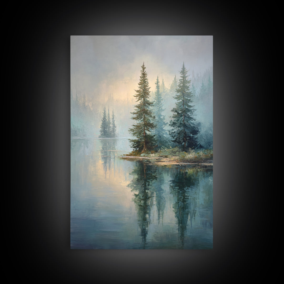 Misty Mountain Lake Framed Canvas Print, Nature Art, Art, Living Room Decor, Watercolor Art, Nature, 3d Wall Art, NAT-2x3-13