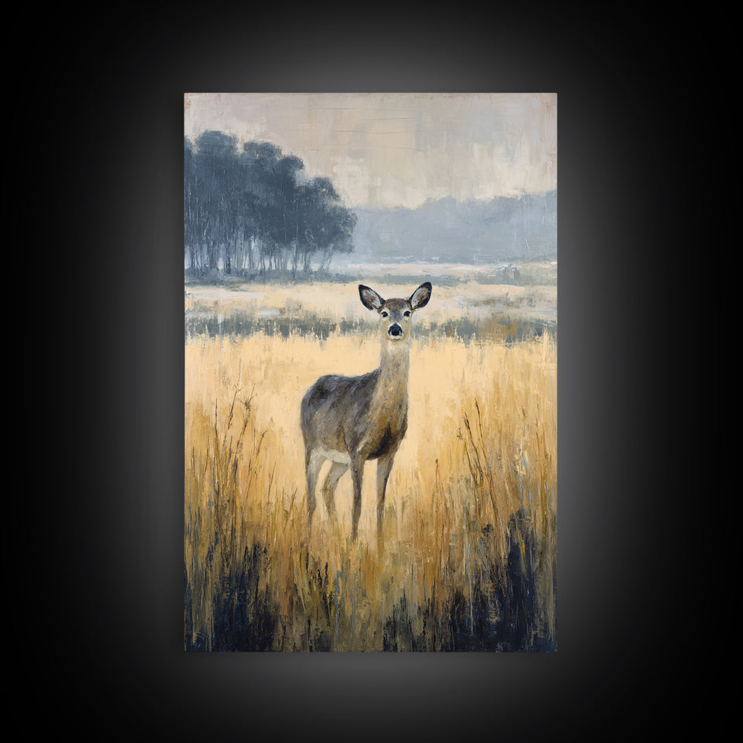 Deer Standing in a Golden Field Canvas Print, Nature Art, Moss Art, Living Room Decor, Fine Art, Nature, Statement Artwork, NAT-2x3-16