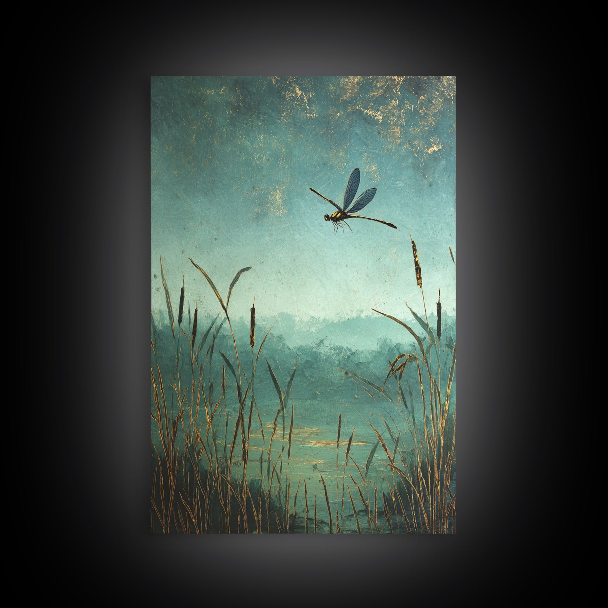 Dragonfly over a Pond with Reeds Framed Canvas Print, Nature Art, Boho Decor, Living Room Decor, Abstract Art, Nature, NAT-2x3-2