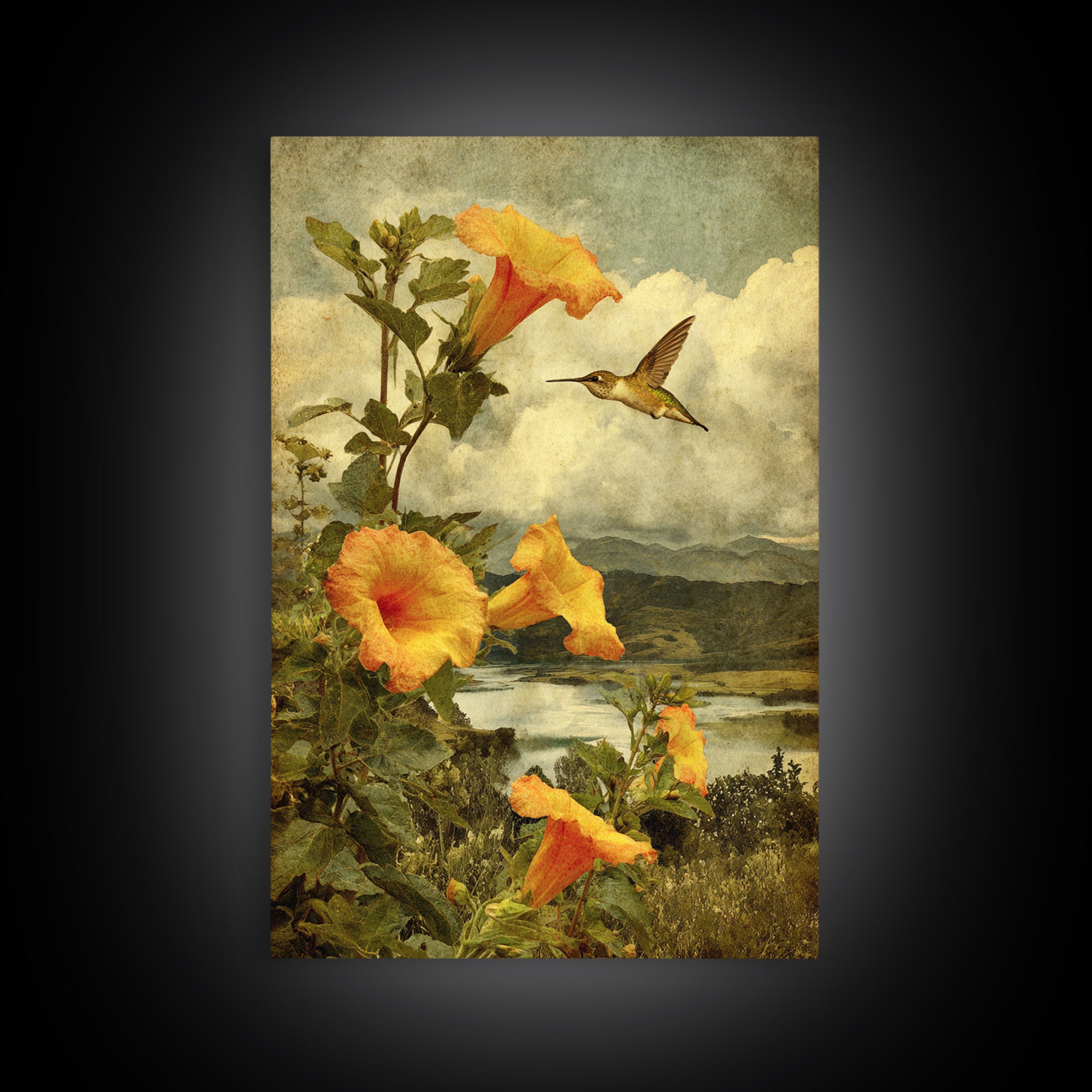 Hummingbird Beside Bright Trumpet Flowers Framed Canvas Print, Nature Art, Mushroom, Living Room Decor, Watercolor Art, Nature, NAT-2x3-20