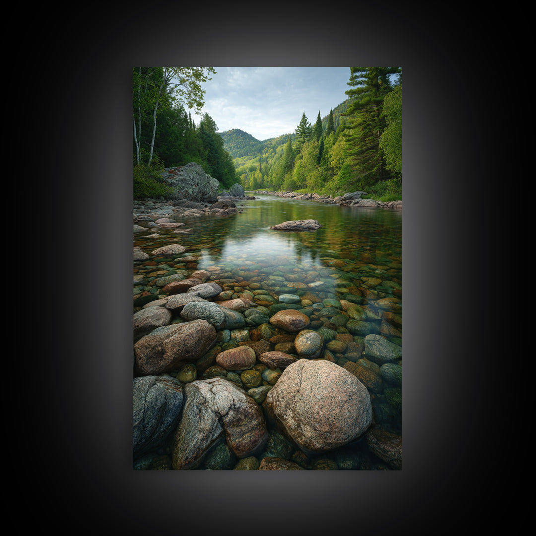 River Stones under Clear Shallow Water Framed Canvas Print, Nature Art, Living Room Decor, Oil Painting, Nature, NAT-2x3-21