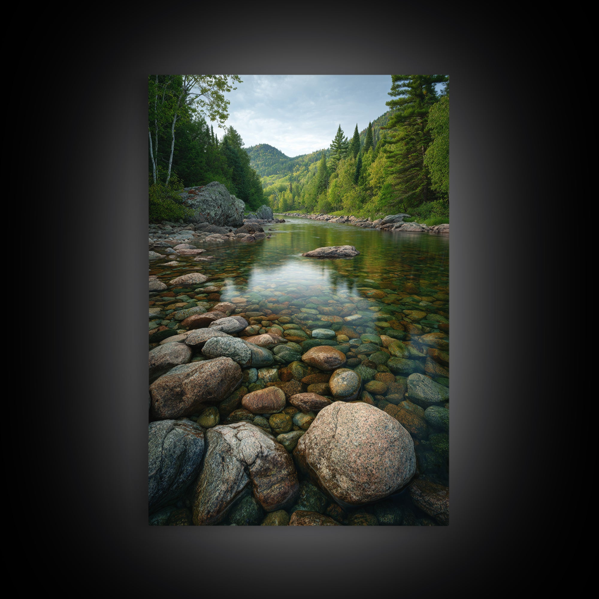River Stones under Clear Shallow Water Framed Canvas Print, Nature Art, Living Room Decor, Oil Painting, Nature, NAT-2x3-21