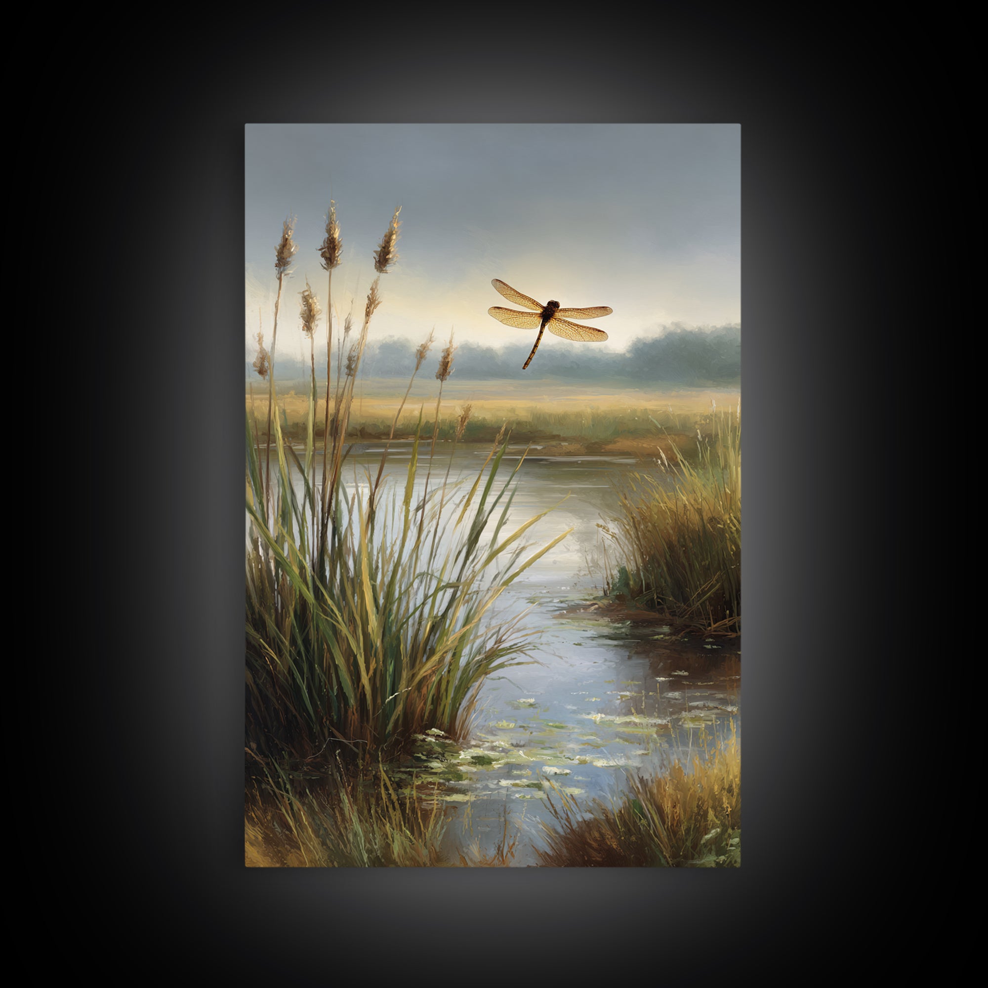 Dragonfly over a Pond with Reeds Framed Canvas Print, Nature Art, Boho Decor, Living Room Decor, Abstract Art, Nature, NAT-2x3-26