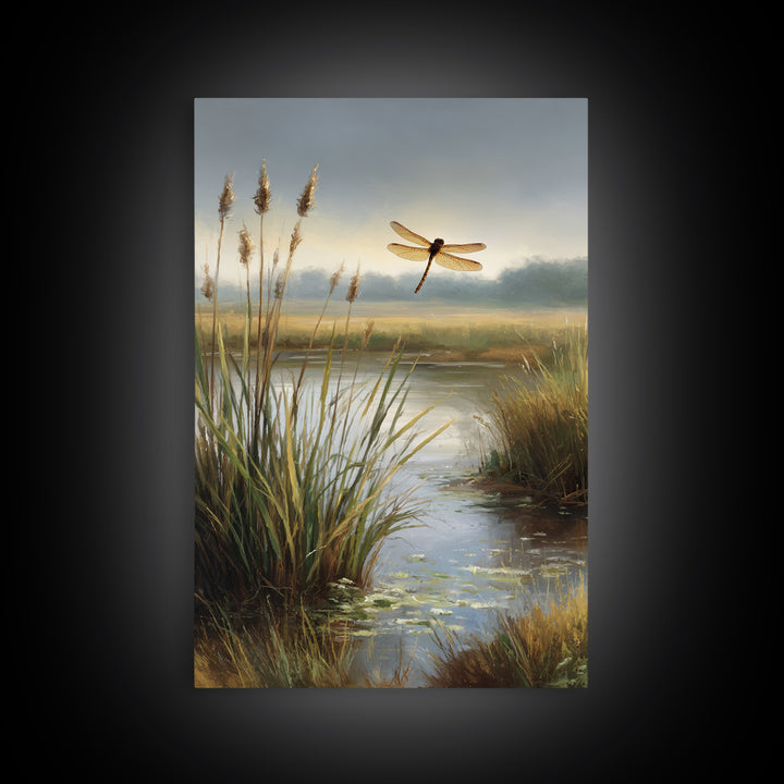 Dragonfly over a Pond with Reeds Framed Canvas Print, Nature Art, Boho Decor, Living Room Decor, Abstract Art, Nature, NAT-2x3-26