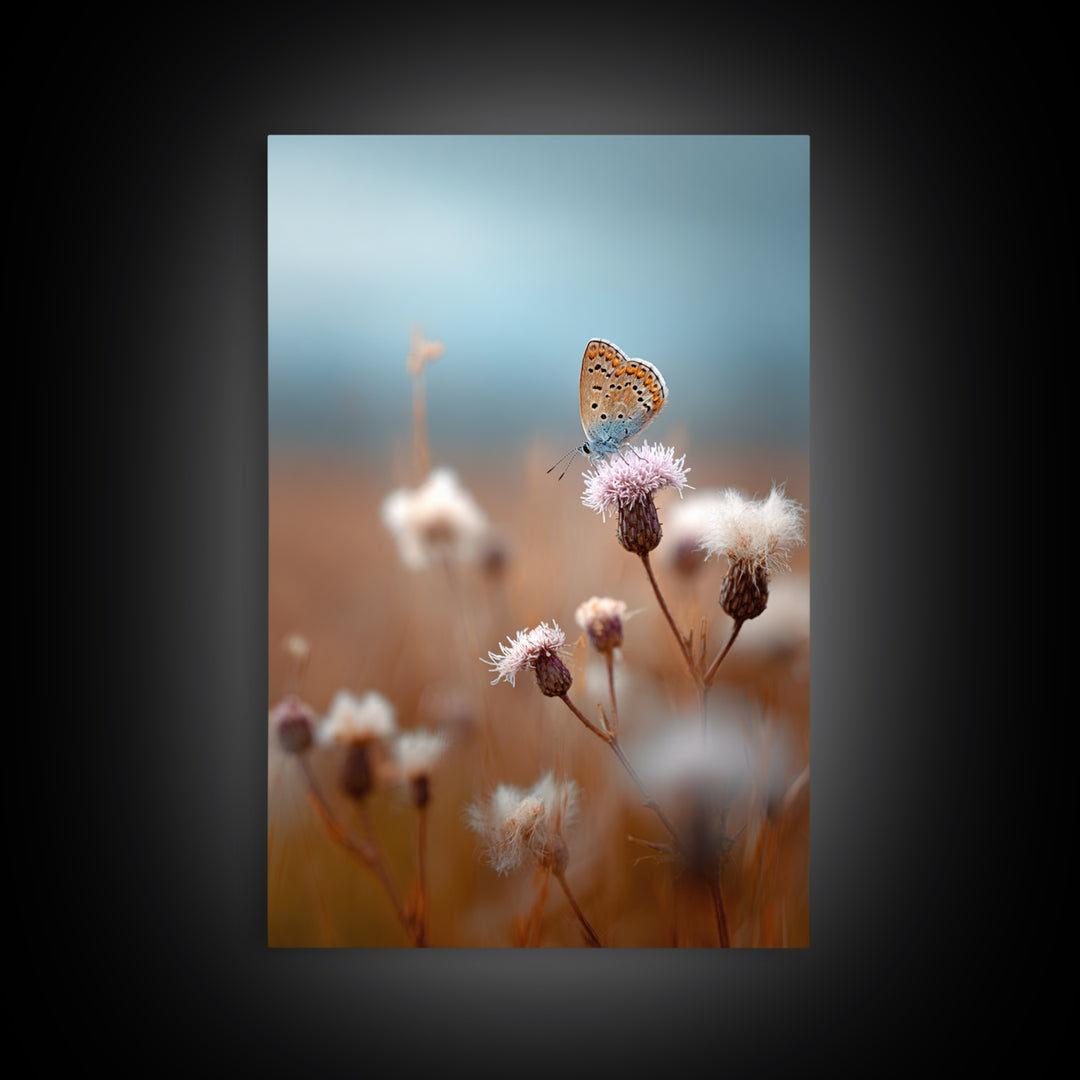 Butterfly Resting on a Blooming Thistle Framed Canvas Print, Nature Art, Mountain Wall Art, Living Room Decor, Watercolor Art, NAT-2x3-36