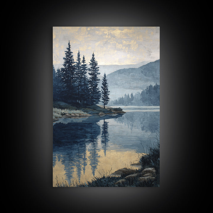 Misty Mountain Lake Framed Canvas Print, Nature Art, Art, Living Room Decor, Watercolor Art, Nature, 3d Wall Art, NAT-2x3-37