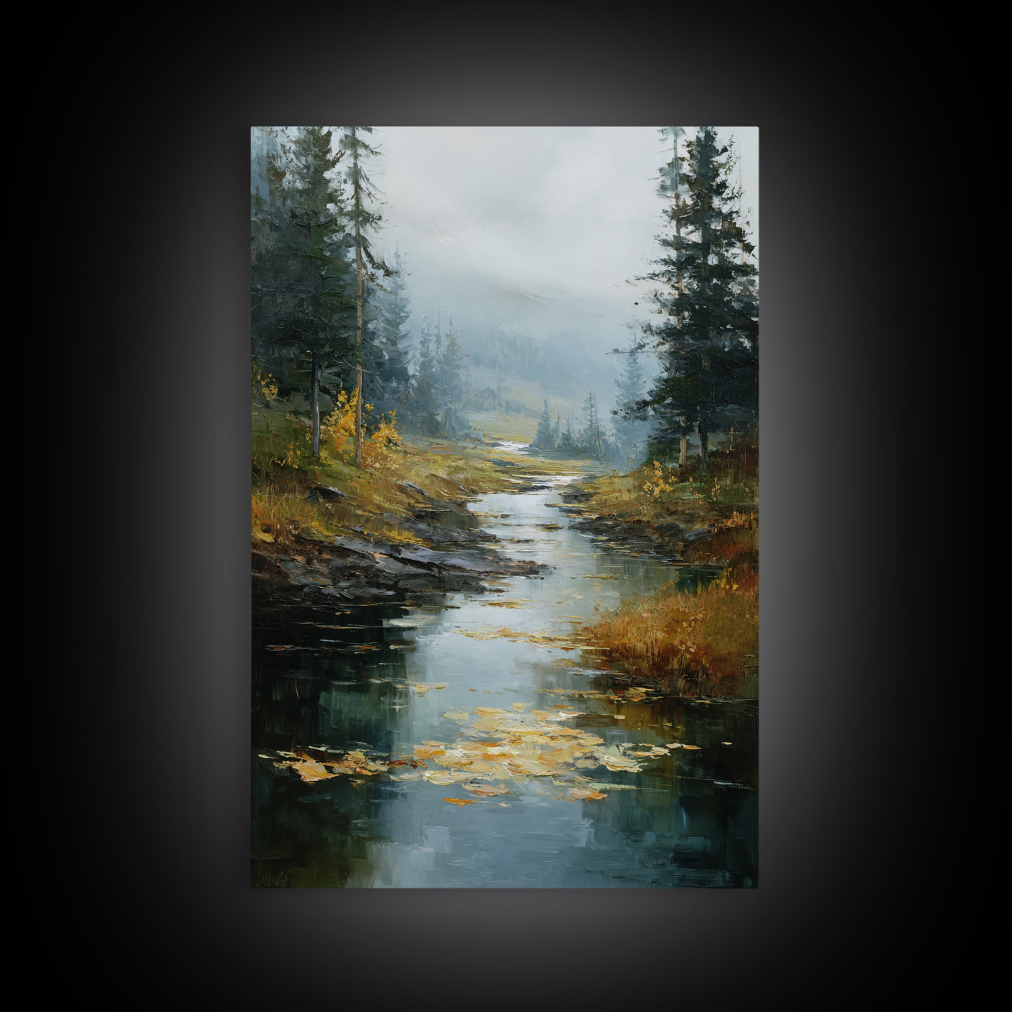 Autumn Leaves Floating on Quiet Stream Framed Canvas Print, Nature Art, Wall Art, Living Room Decor, Fine Art, Nature, NAT-2x3-38