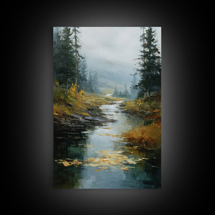 Autumn Leaves Floating on Quiet Stream Framed Canvas Print, Nature Art, Wall Art, Living Room Decor, Fine Art, Nature, NAT-2x3-38