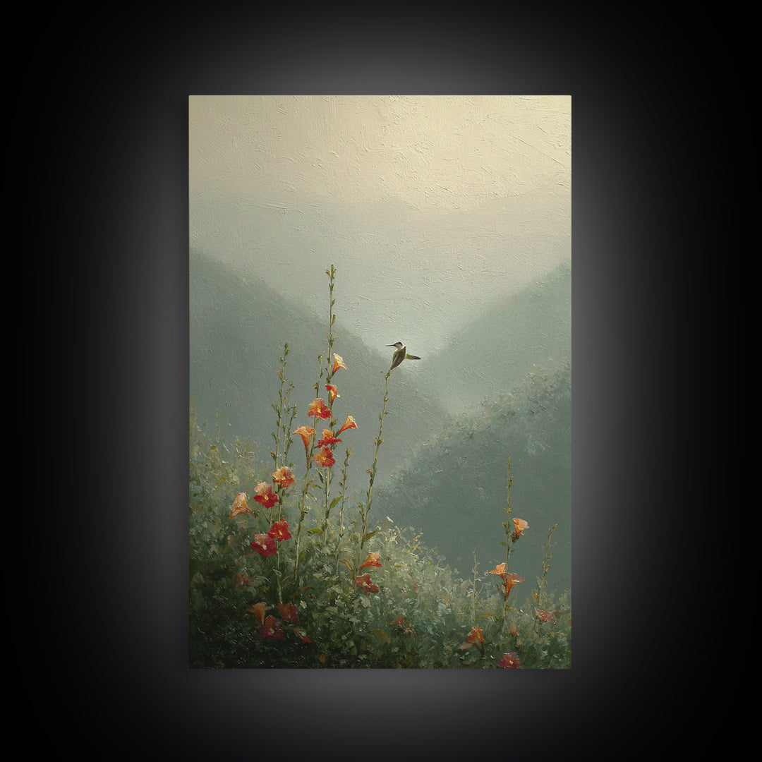 Hummingbird Beside Bright Trumpet Flowers Framed Canvas Print, Nature Art, Landscape Print, Living Room Decor, Watercolor Art, NAT-2x3-44