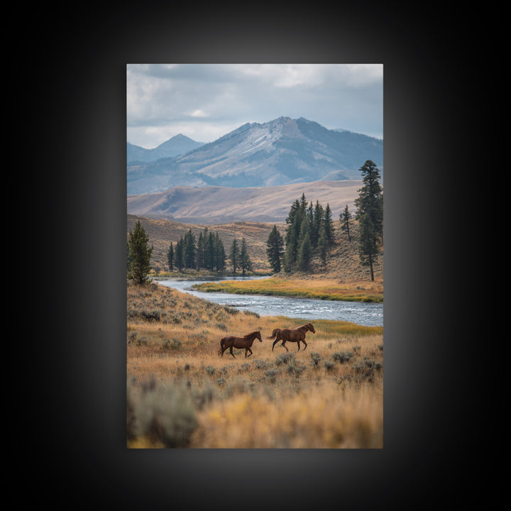 Wild Horses Running Near Mountain Ridge Canvas Print, Nature Art, Minimalist Decor, Living Room Decor, Fine Art, Nature, NAT-2x3-54