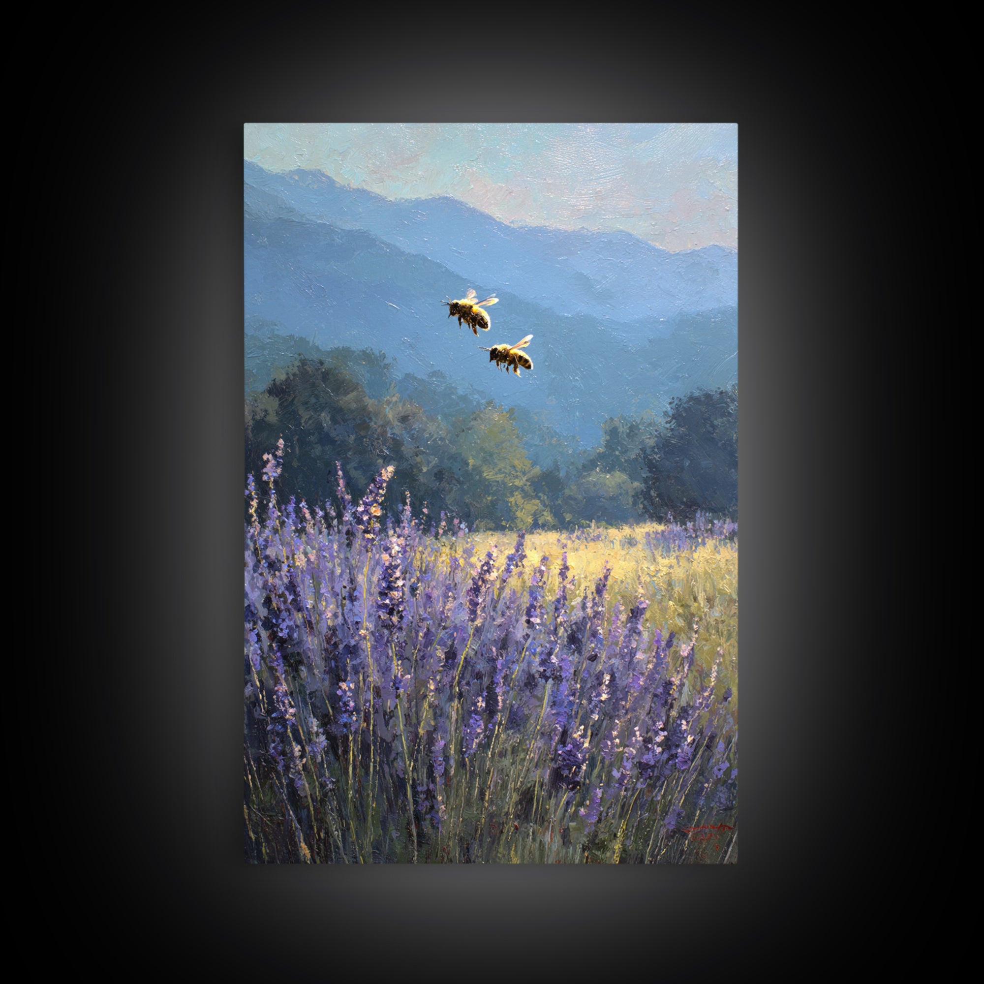 Bees Circling Lavender Blossoms Framed Canvas Print, Nature Art, Textured Painting, Living Room Decor, Fine Art, Nature, NAT-2x3-55