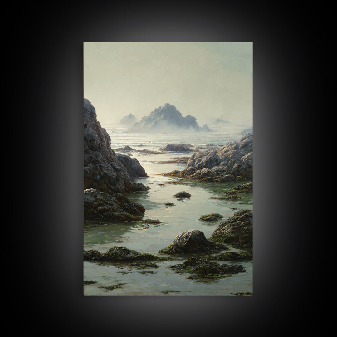 Calm Beach Tide Pooling Around Rocks Framed Canvas Print, Nature Art, Neutral Decor, Living Room Decor, Abstract Art, Nature, NAT-2x3-56