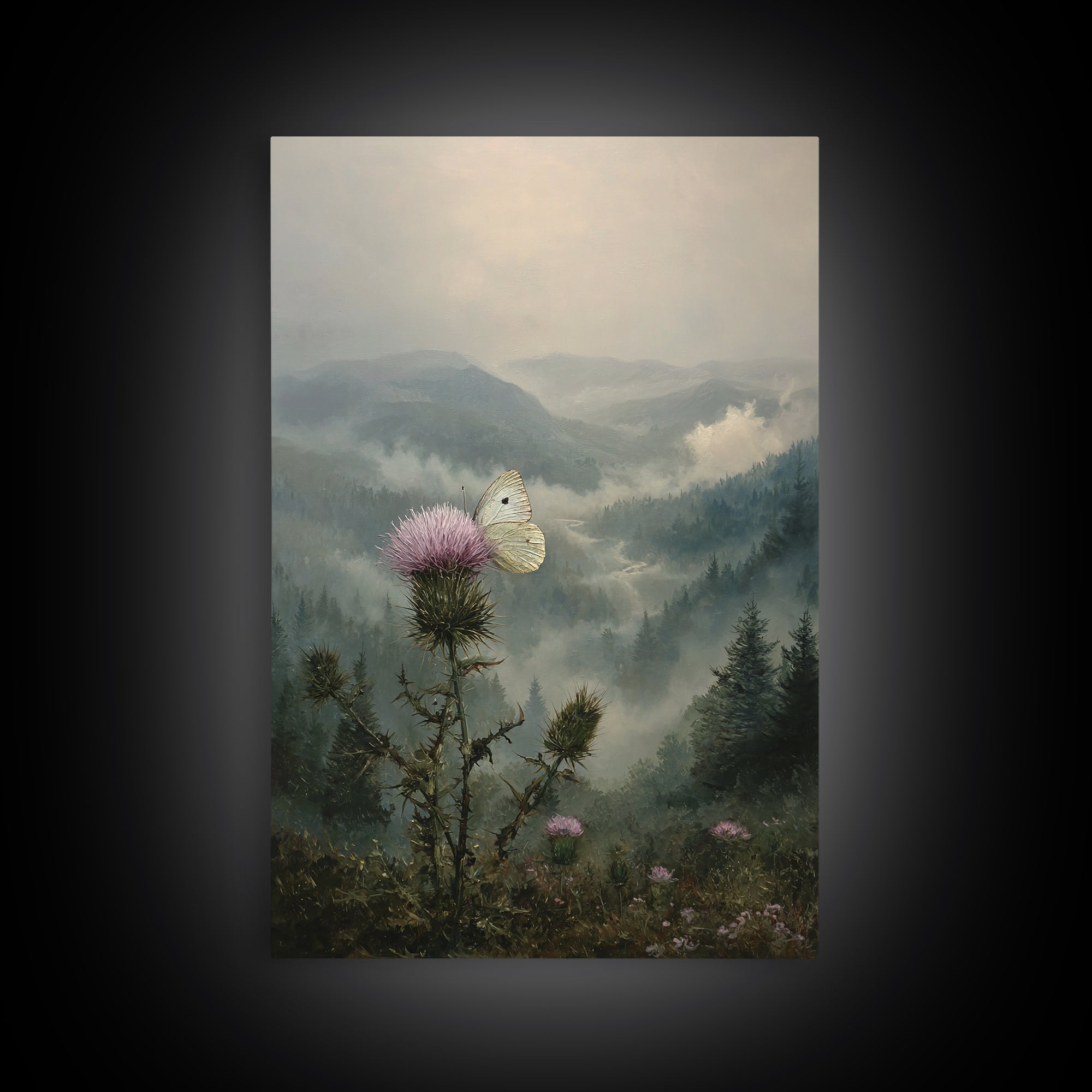 Butterfly Resting on a Blooming Thistle Framed Canvas Print, Nature Art, Wall Art, Living Room Decor, Fine Art, Nature, NAT-2x3-60