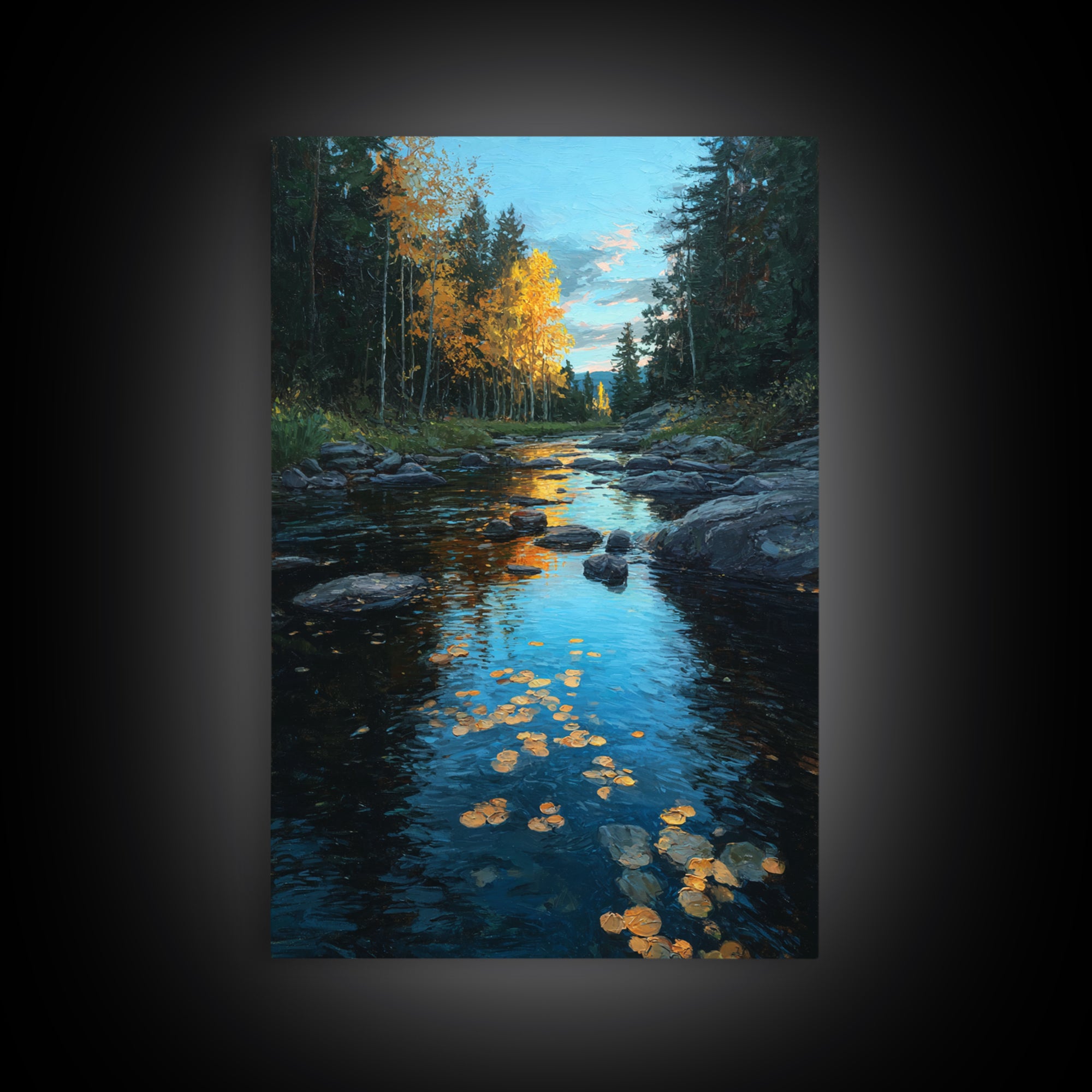 Autumn Leaves Floating on Quiet Stream Canvas Print, Nature Art, Mushroom, Living Room Decor, Abstract Art, Nature, NAT-2x3-62