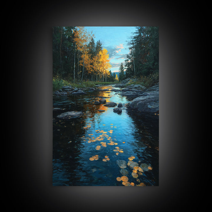 Autumn Leaves Floating on Quiet Stream Canvas Print, Nature Art, Mushroom, Living Room Decor, Abstract Art, Nature, NAT-2x3-62