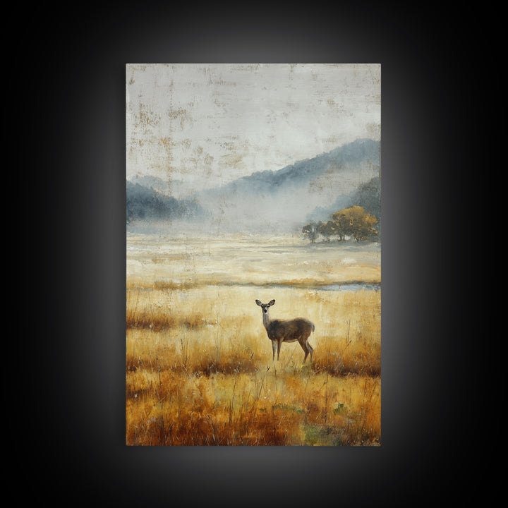 Deer Standing in a Golden Field Framed Canvas Print, Nature Art, Room Decor, Living Room Decor, Fine Art, Nature, Wall Hangings, NAT-2x3-64