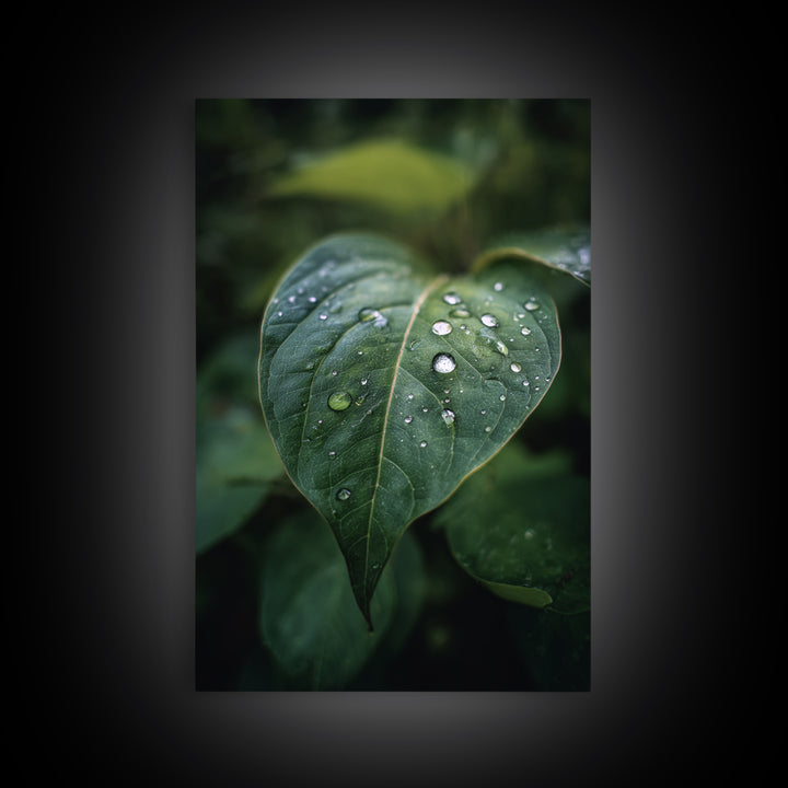 Rain Drops on a Large Green Leaf Canvas Print, Nature Art, Floral, Living Room Decor, Oil Painting, Nature, Moss Art, NAT-2x3-65
