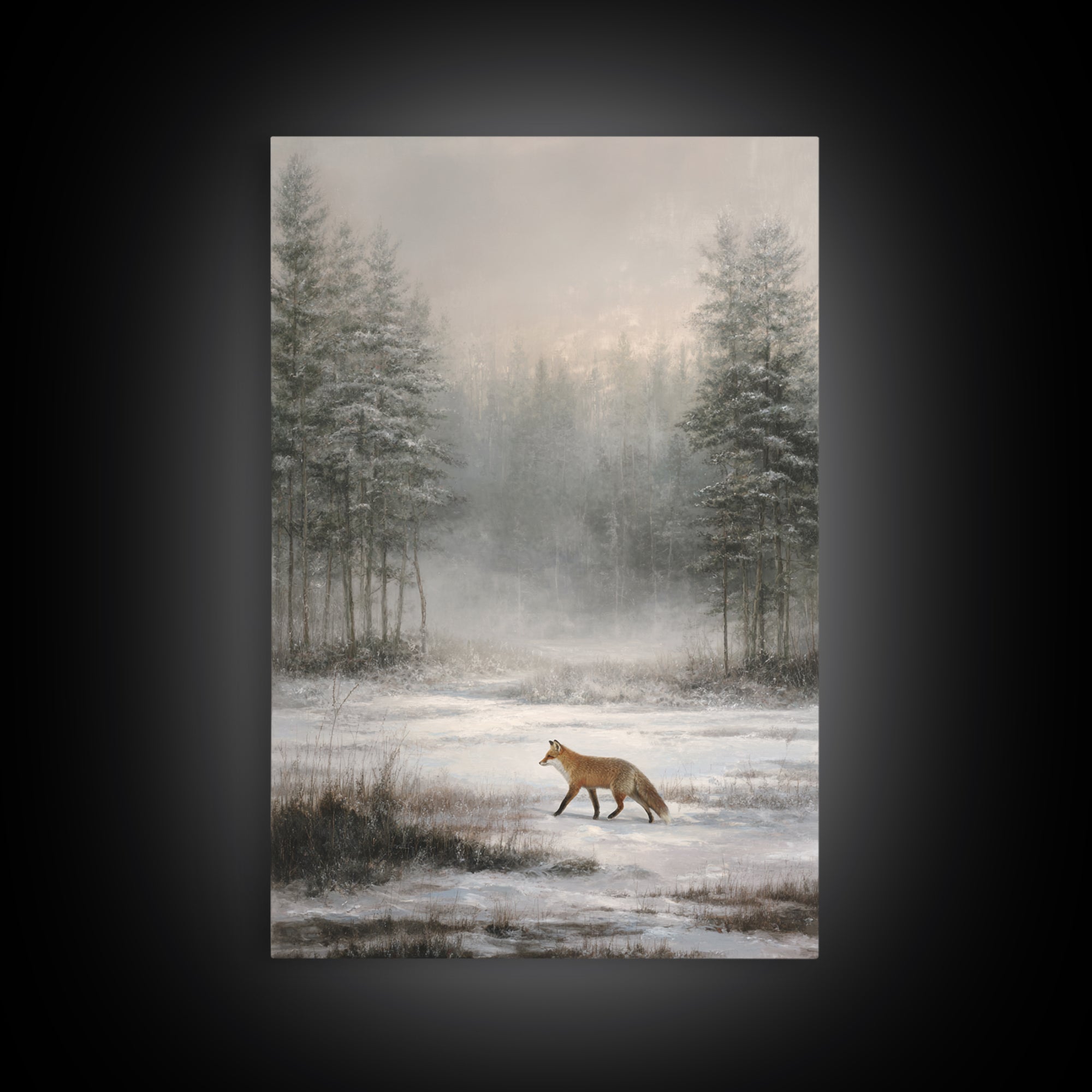 Fox Crossing a Snowy Forest Clearing Canvas Print, Nature Art, Home Decor, Living Room Decor, Nature, Abstract Wall Art, NAT-2x3-66