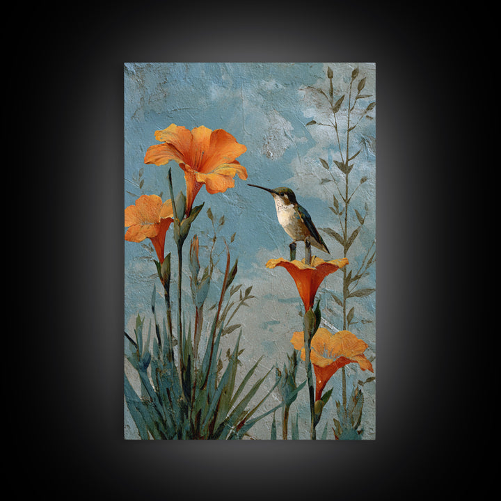 Hummingbird Beside Bright Trumpet Flowers Framed Canvas Print, Nature Art, Wall Hangings, Living Room Decor, Oil Painting, NAT-2x3-68