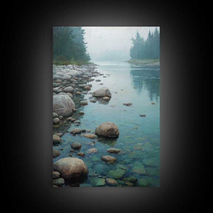 River Stones under Clear Shallow Water Framed Canvas Print, Nature Art, Artwork, Living Room Decor, Fine Art, Nature, NAT-2x3-69