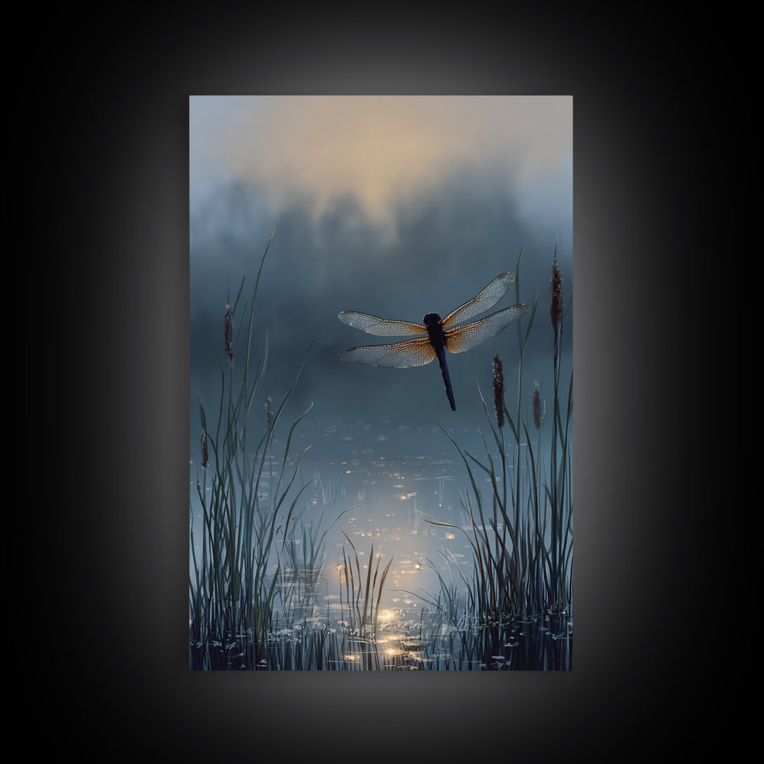Dragonfly over a Pond with Reeds Framed Canvas Print, Nature Art, Art, Living Room Decor, Watercolor Art, Nature, 3d Wall Art, NAT-2x3-74