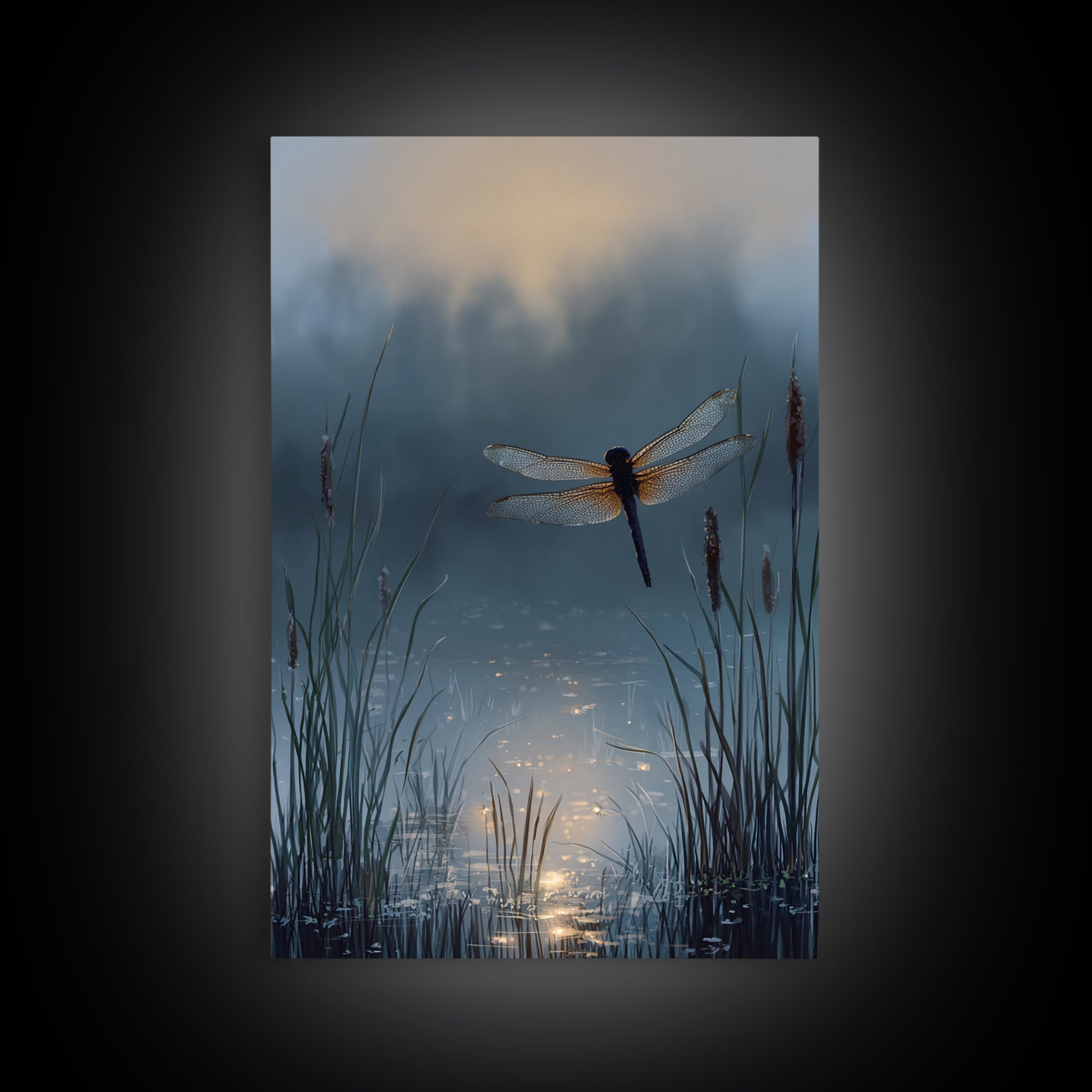 Dragonfly over a Pond with Reeds Framed Canvas Print, Nature Art, Art, Living Room Decor, Watercolor Art, Nature, 3d Wall Art, NAT-2x3-74