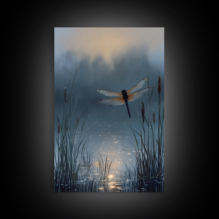 Dragonfly over a Pond with Reeds Framed Canvas Print, Nature Art, Art, Living Room Decor, Watercolor Art, Nature, 3d Wall Art, NAT-2x3-74