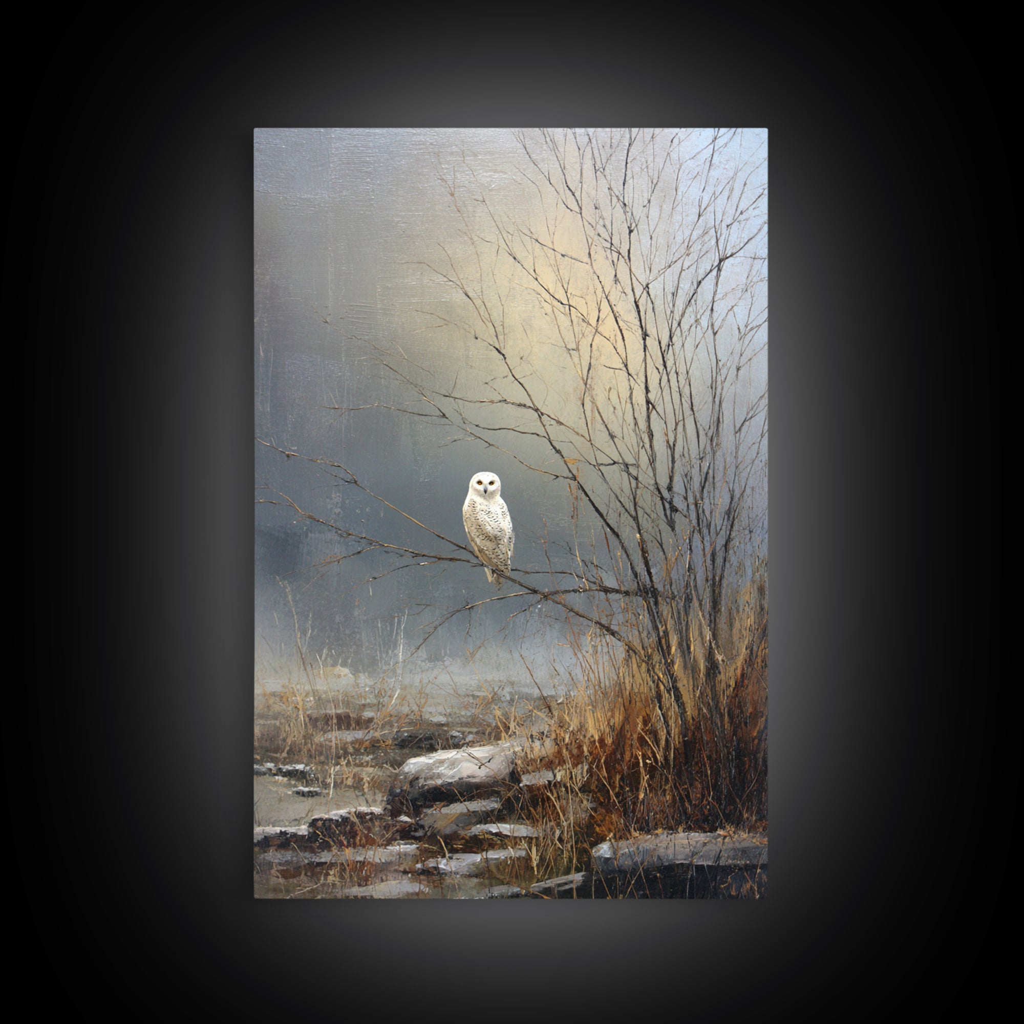 Owl in Moonlit Branches Framed Canvas Print, Nature Art, Printable Wall Art, Living Room Decor, Watercolor Art, Nature, NAT-2x3-75