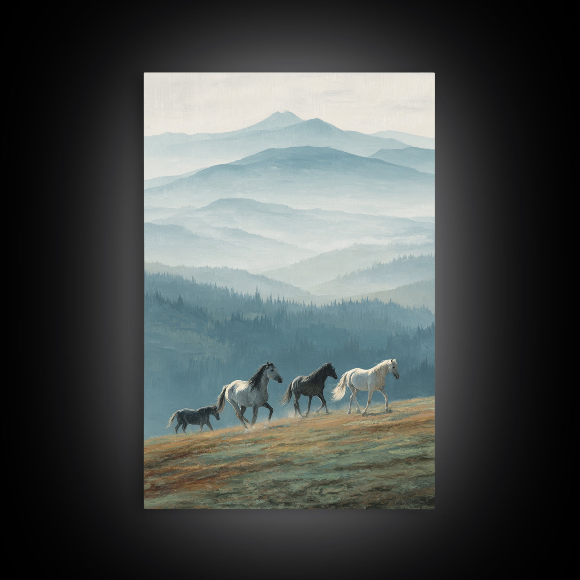 Wild Horses Running Near Mountain Ridge Framed Canvas Print, Nature Art, Wall Decor, Living Room Decor, Fine Art, Nature, NAT-2x3-78