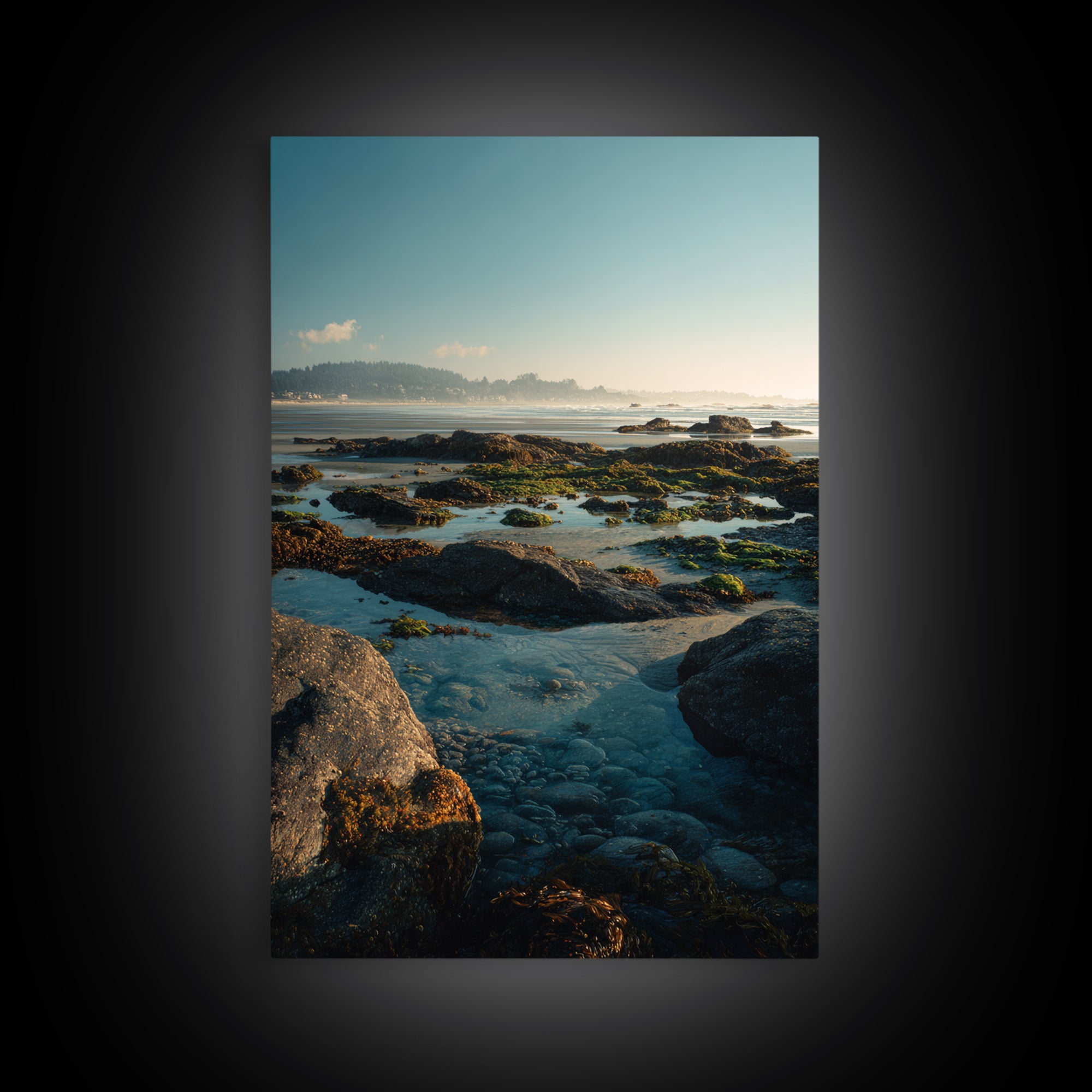 Calm Beach Tide Pooling Around Rocks Framed Canvas Print, Nature Art, Stained Glass Art, Living Room Decor, Oil Painting, NAT-2x3-8