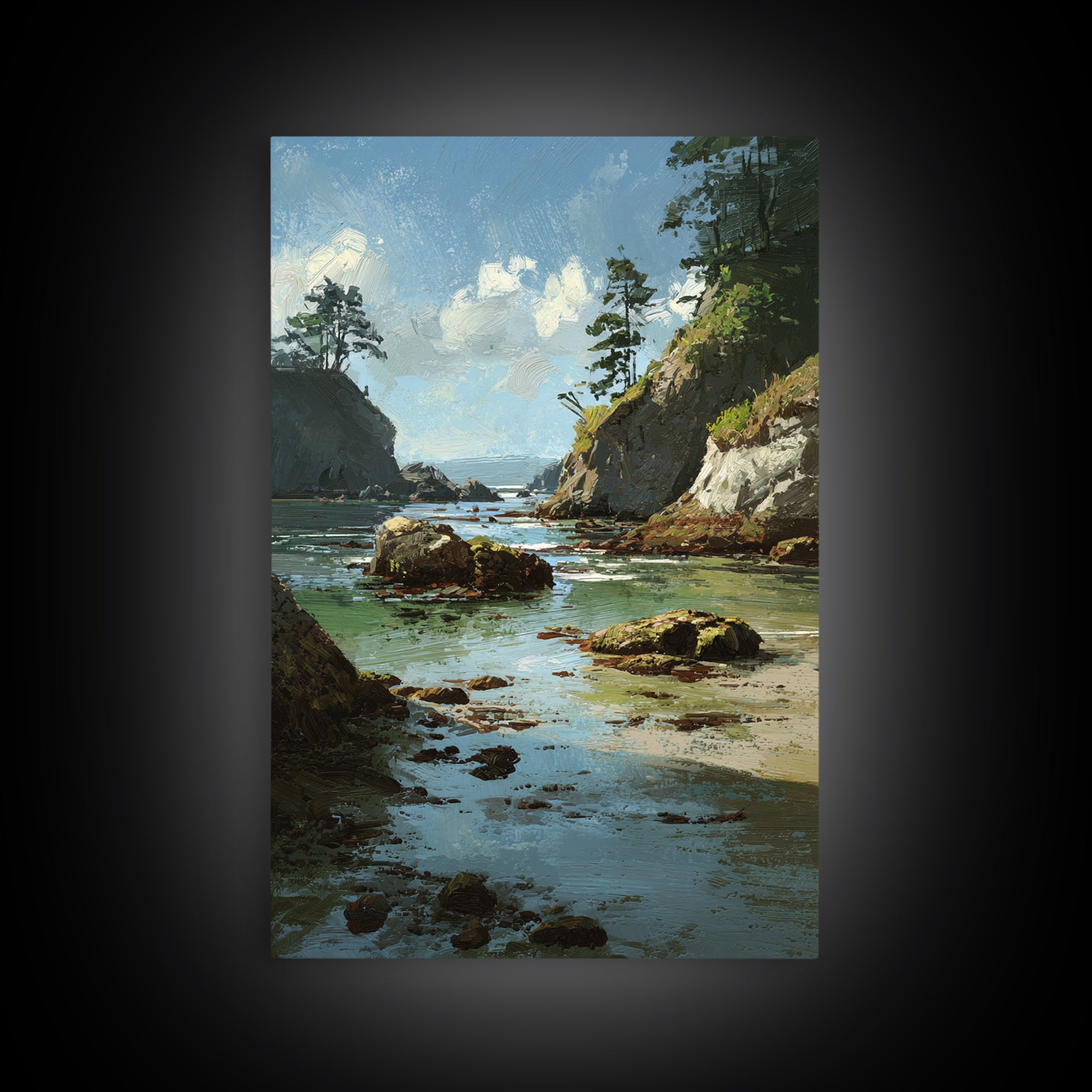 Calm Beach Tide Pooling Around Rocks Framed Canvas Print, Nature Art, Living Room Decor, Watercolor Art, Nature, NAT-2x3-80
