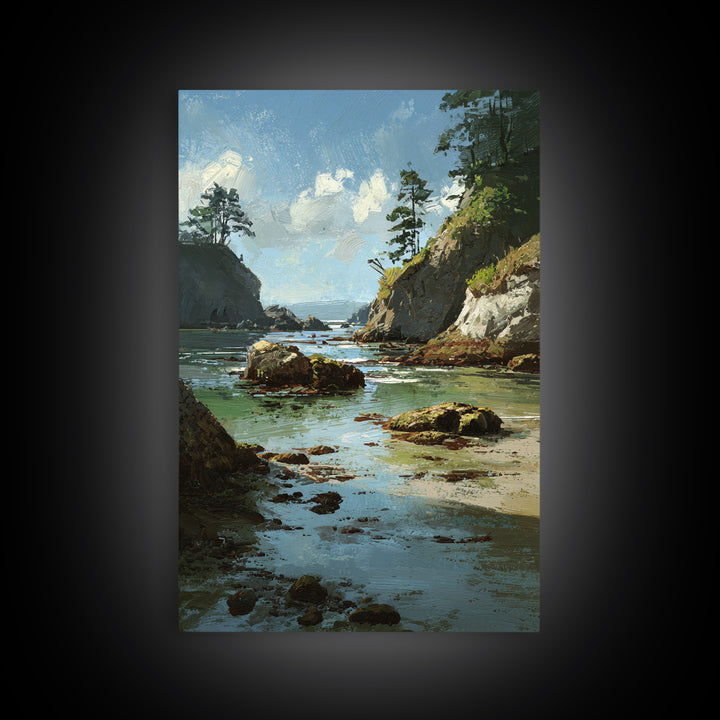Calm Beach Tide Pooling Around Rocks Framed Canvas Print, Nature Art, Living Room Decor, Watercolor Art, Nature, NAT-2x3-80