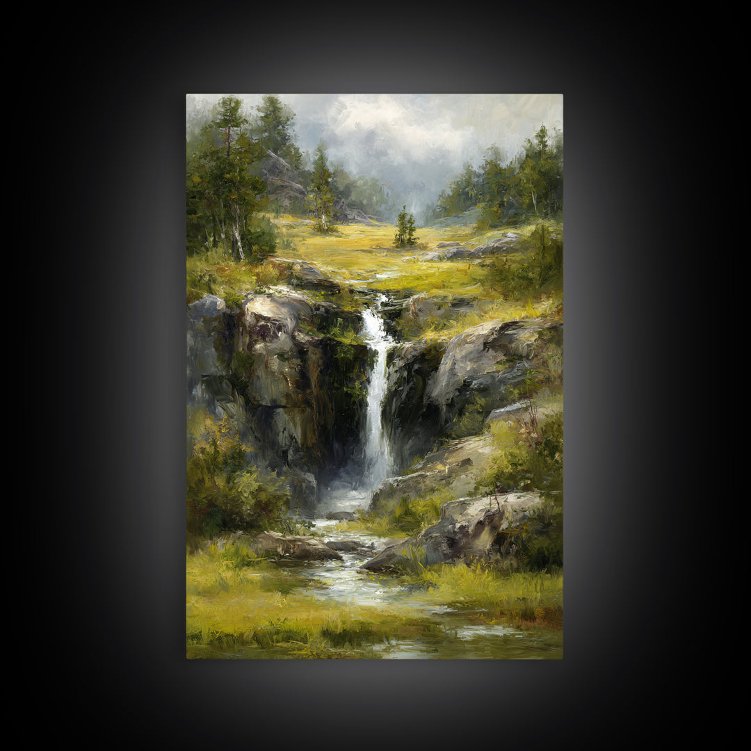 Waterfall Hidden Among Dark Green Rocks Framed Canvas Print, Nature Art, Abstract Wall Art, Living Room Decor, Abstract Art, NAT-2x3-83