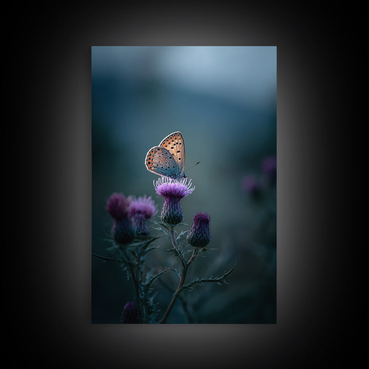 Butterfly Resting on a Blooming Thistle Framed Canvas Print, Nature Art, Landscape Art, Living Room Decor, Fine Art, Nature, NAT-2x3-84