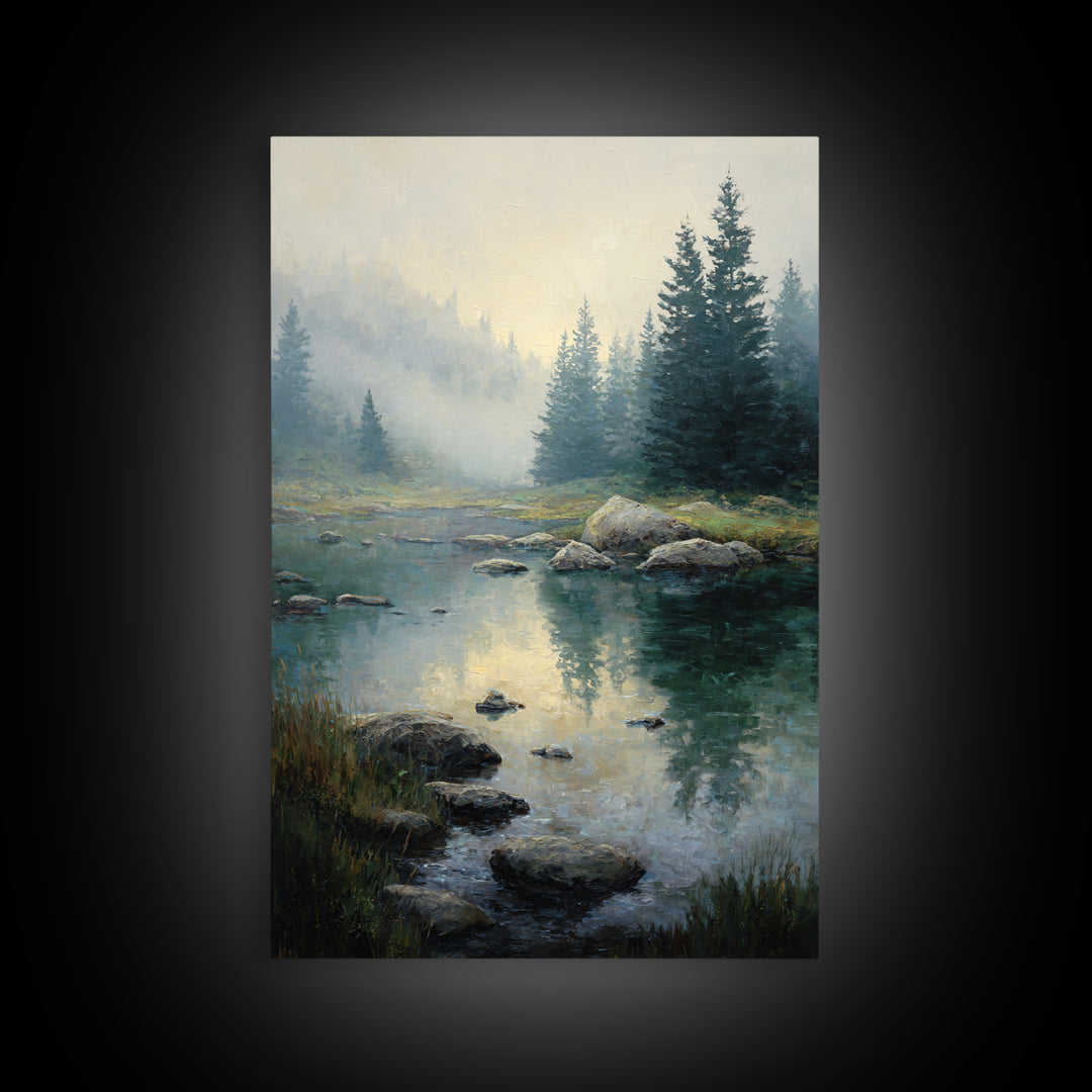 Misty Mountain Lake Framed Canvas Print, Nature Art, Abstract Wall Art, Living Room Decor, Oil Painting, Nature, Bird Wall Art, NAT-2x3-85