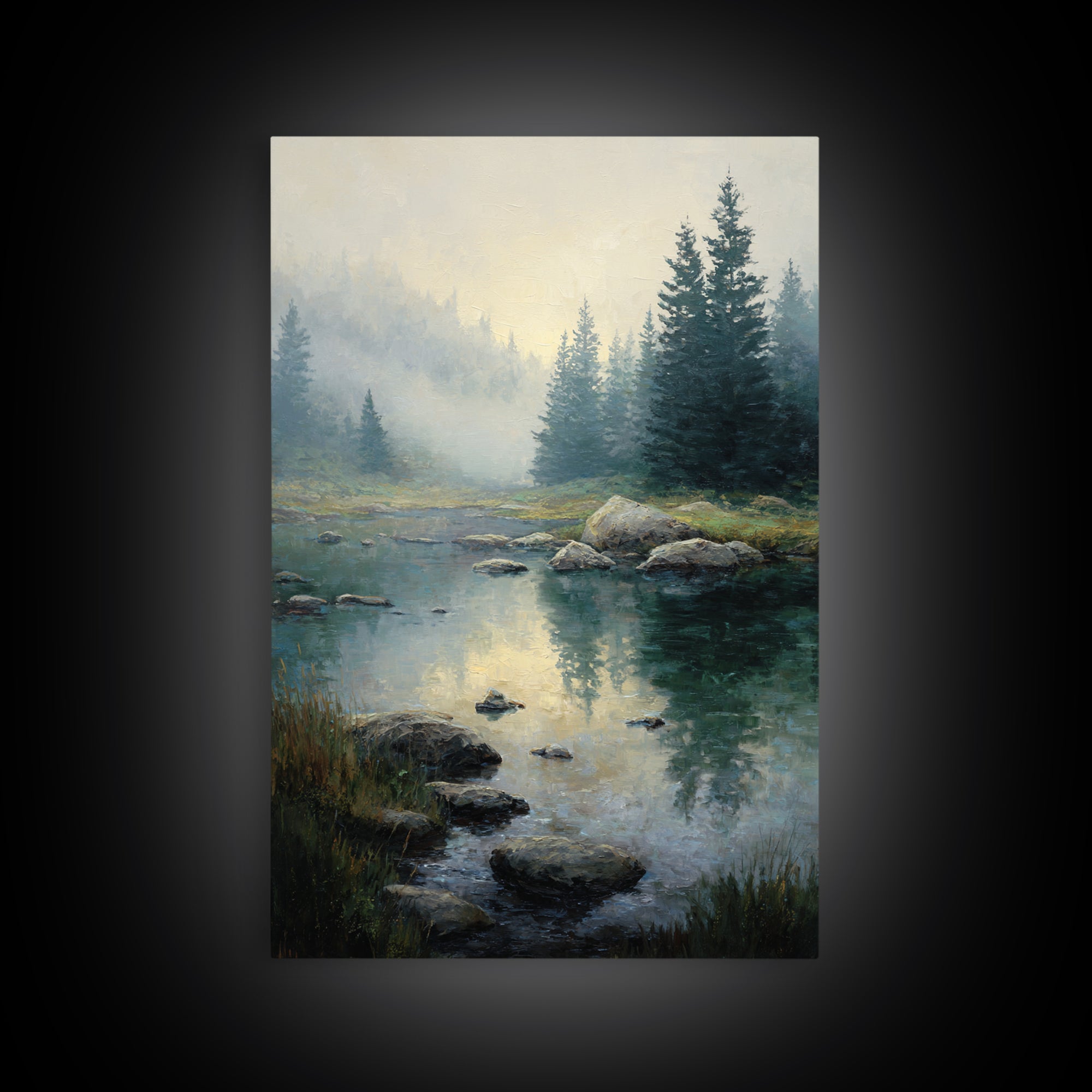 Misty Mountain Lake Framed Canvas Print, Nature Art, Abstract Wall Art, Living Room Decor, Oil Painting, Nature, Bird Wall Art, NAT-2x3-85