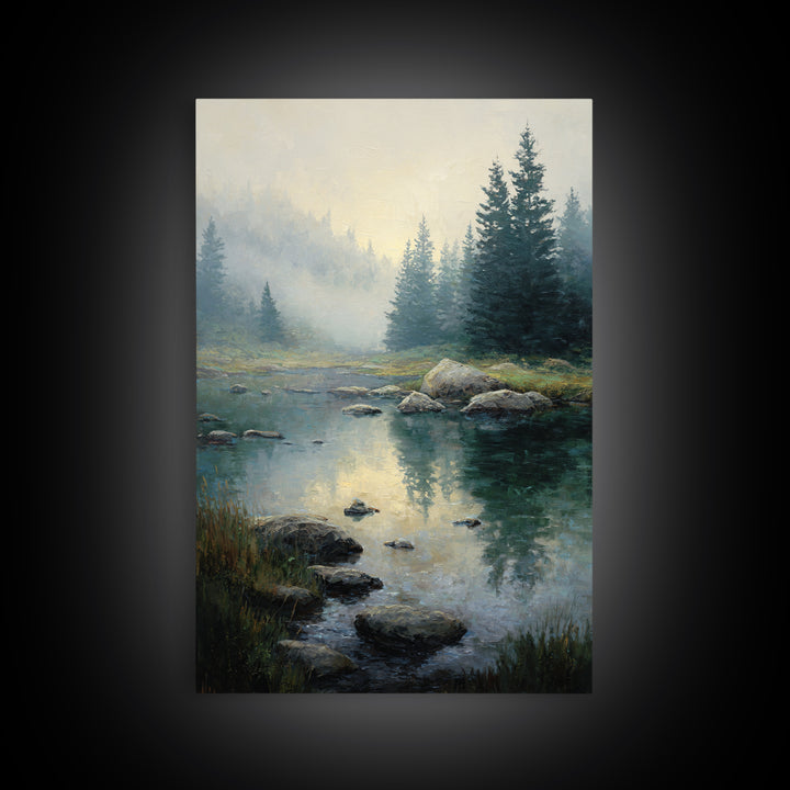 Misty Mountain Lake Framed Canvas Print, Nature Art, Abstract Wall Art, Living Room Decor, Oil Painting, Nature, Bird Wall Art, NAT-2x3-85