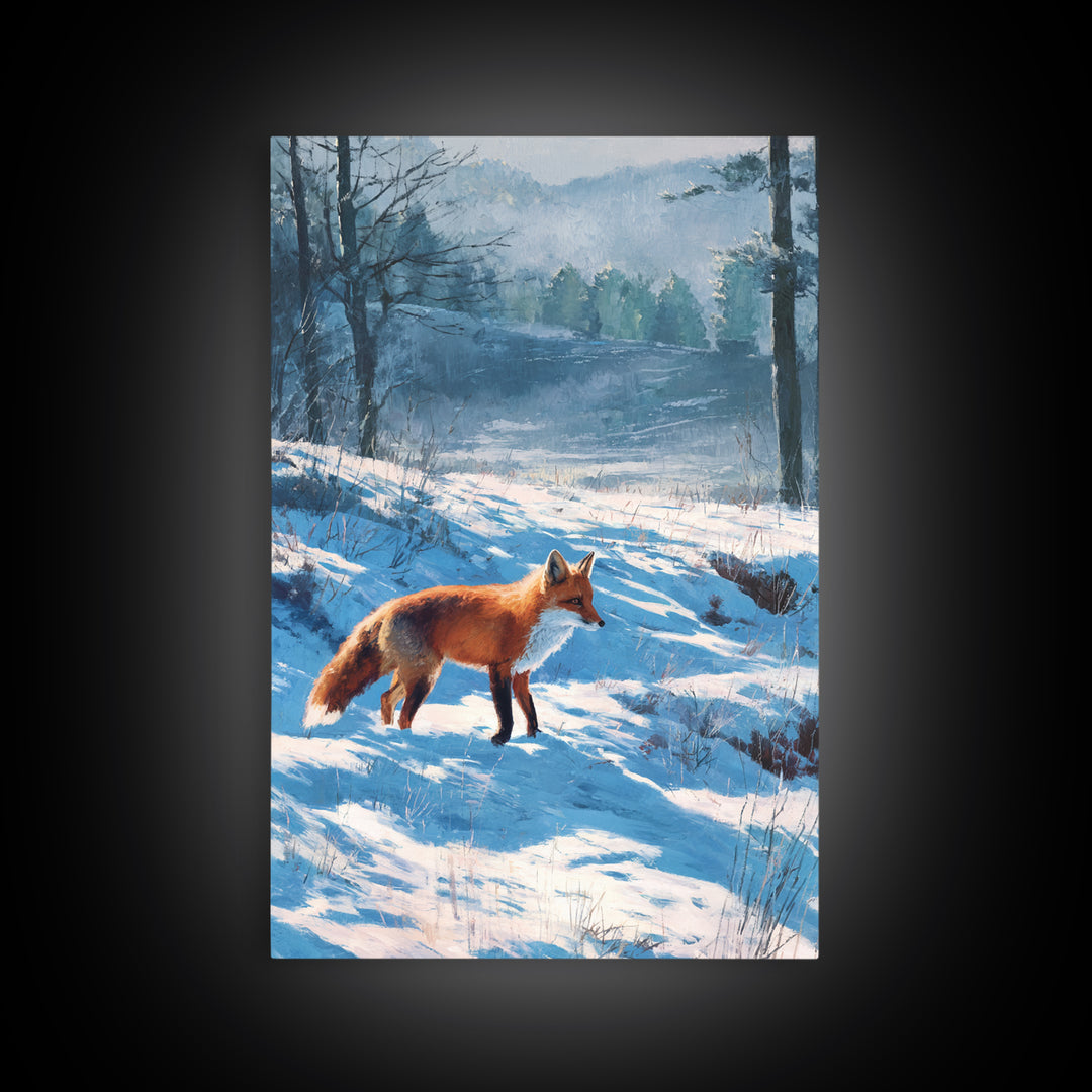 Fox Crossing a Snowy Forest Clearing Framed Canvas Print, Nature Art, Living Room Decor, Oil Painting, Nature, NAT-2x3-90