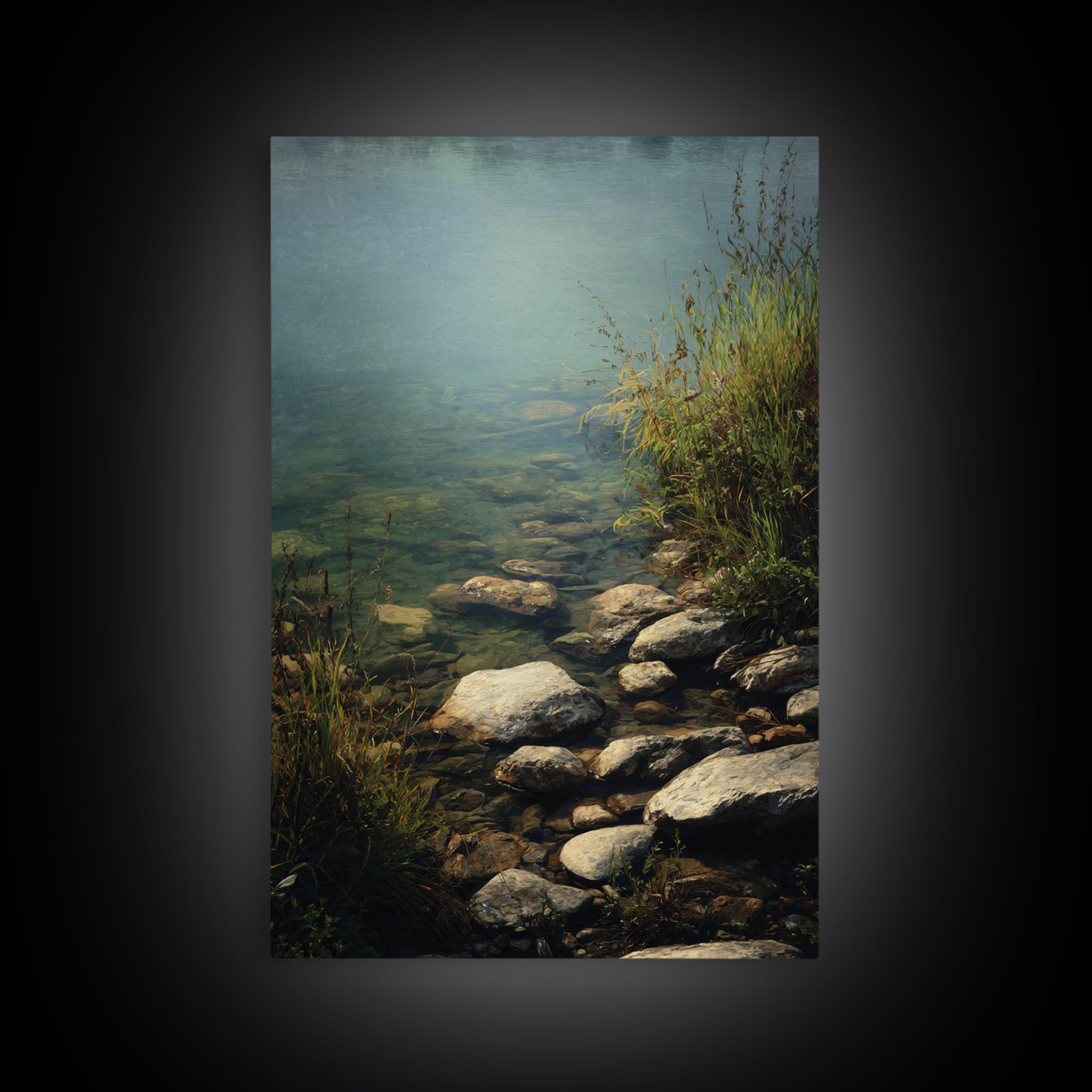 River Stones under Clear Shallow Water Framed Canvas Print, Nature Art, Artwork, Living Room Decor, Fine Art, Nature, NAT-2x3-93