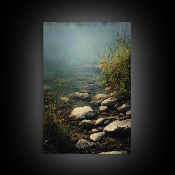 River Stones under Clear Shallow Water Framed Canvas Print, Nature Art, Artwork, Living Room Decor, Fine Art, Nature, NAT-2x3-93