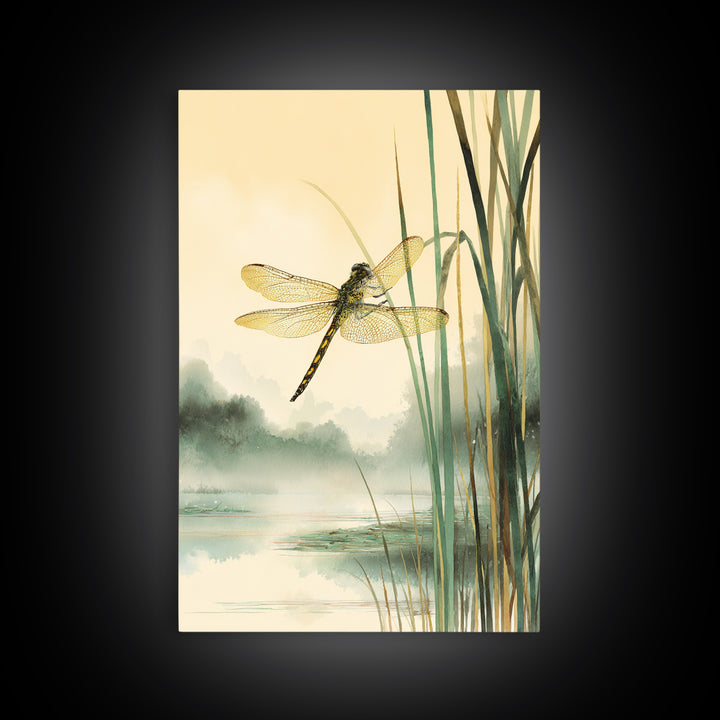 Dragonfly over a Pond with Reeds Framed Canvas Print, Nature Art, Art, Living Room Decor, Watercolor Art, Nature, 3d Wall Art, NAT-2x3-98