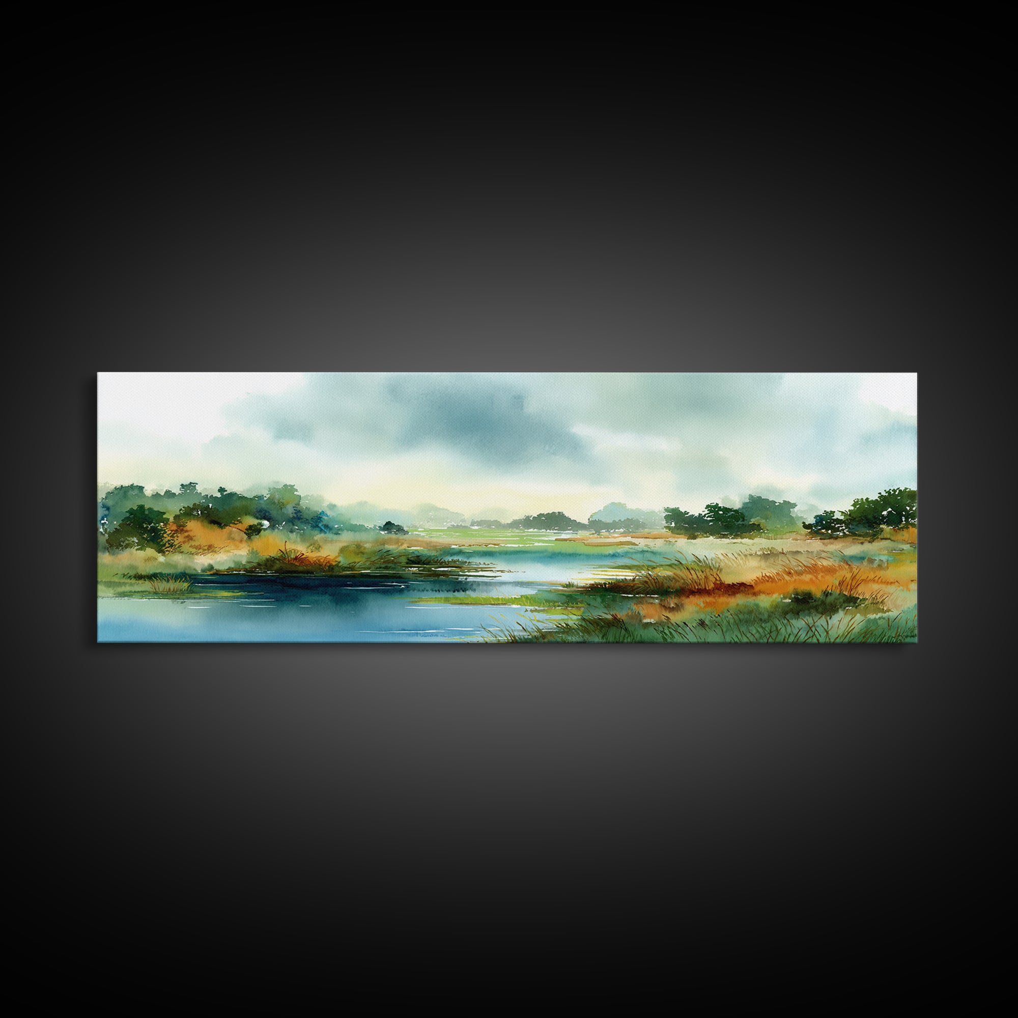 Dragonfly over a Pond with Reeds Framed Canvas Print, Nature Art, Home Decor, Living Room Decor, Nature, Abstract Wall Art, NAT-3x1-10