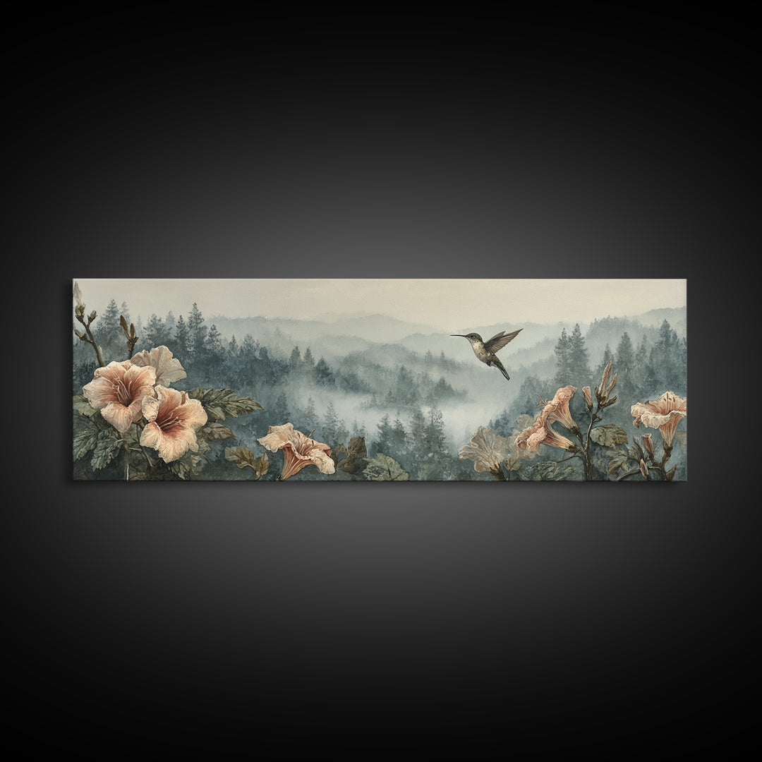 Hummingbird Beside Bright Trumpet Flowers Canvas Print, Nature Art, Modern Decor, Living Room Decor, Fine Art, Nature, NAT-3x1-100