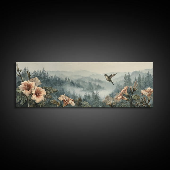Hummingbird Beside Bright Trumpet Flowers Canvas Print, Nature Art, Modern Decor, Living Room Decor, Fine Art, Nature, NAT-3x1-100