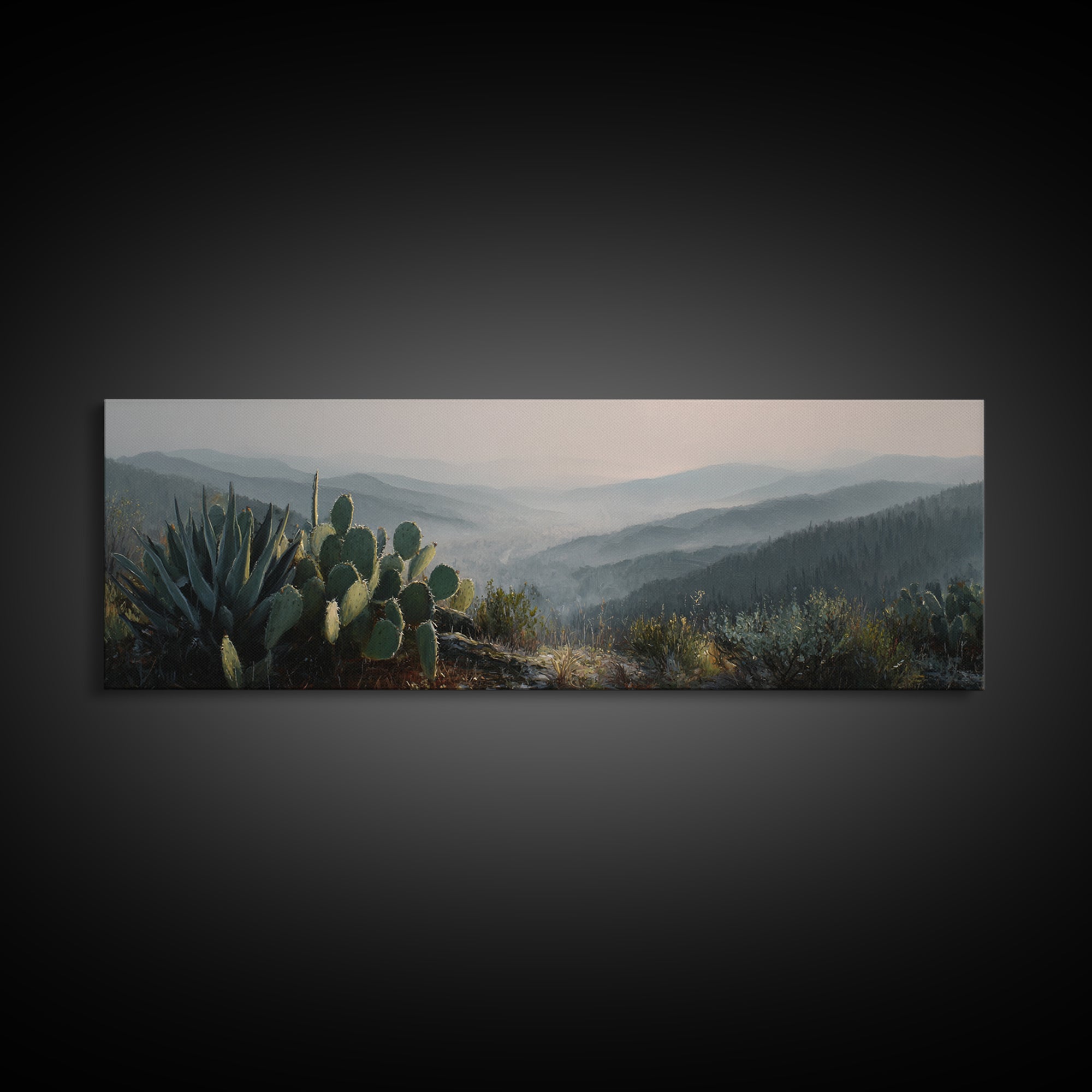 Desert Cactus Blooming After Rain Framed Canvas Print, Nature Art, Botanical Art, Living Room Decor, Watercolor Art, Nature, NAT-3x1-12