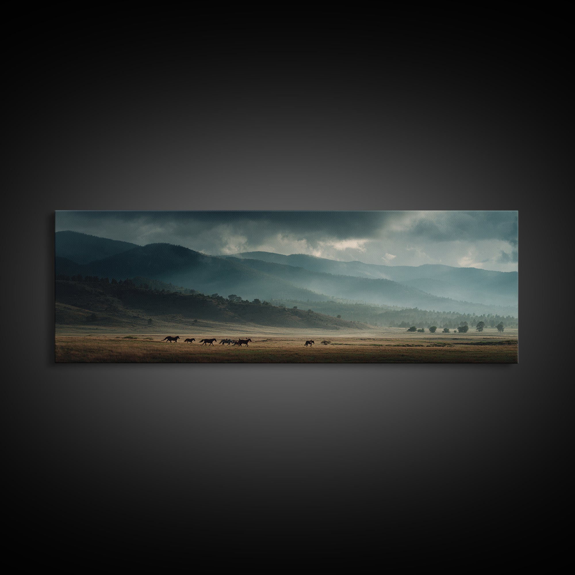 Wild Horses Running Near Mountain Ridge Canvas Print, Nature Art, Landscape Print, Living Room Decor, Fine Art, Nature, NAT-3x1-14